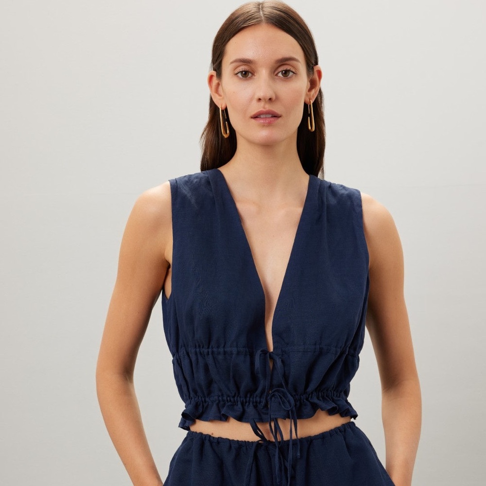 NWT Onia Air Linen Tie Front Top Navy
